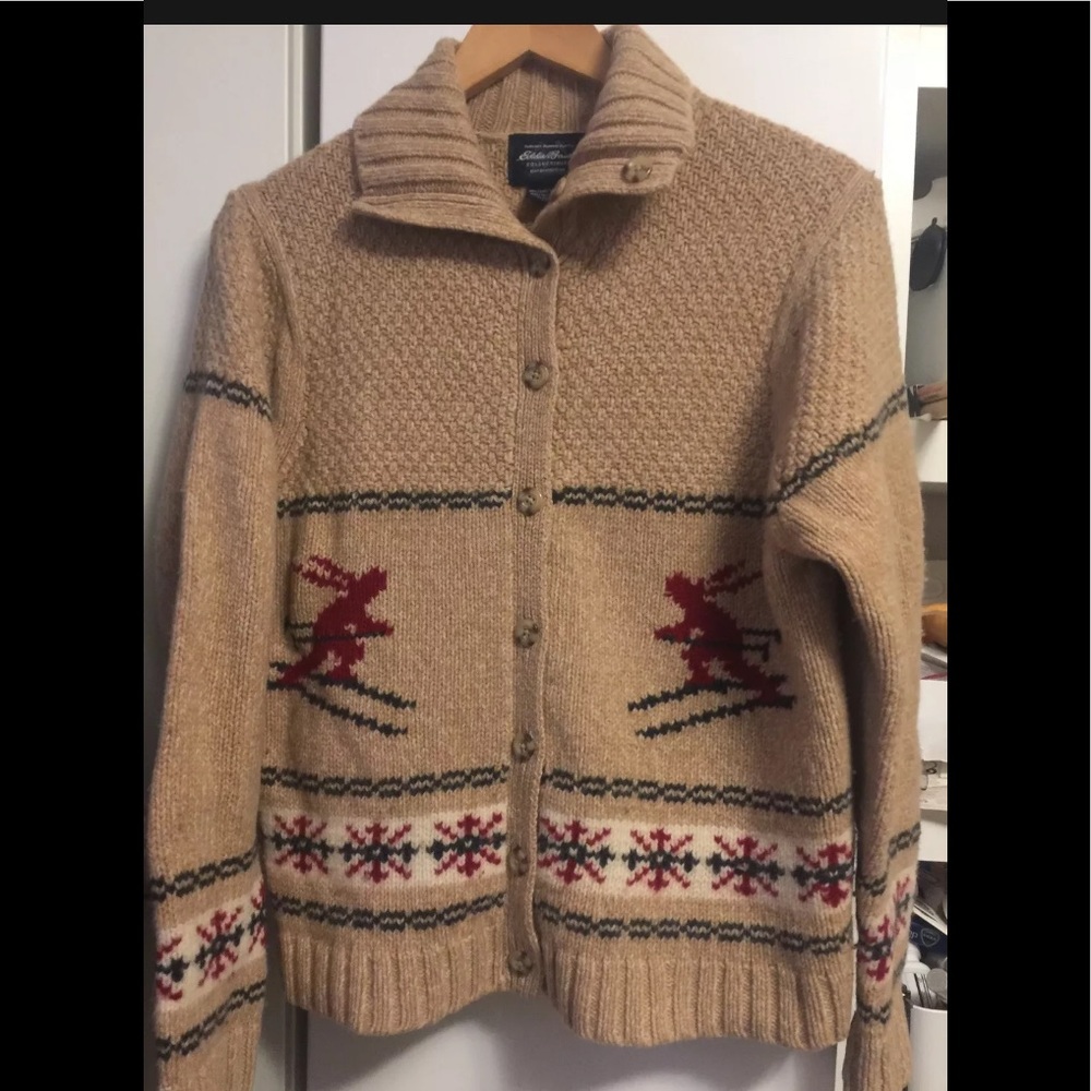 EDDIE BAUER Tan Red Gray Lambswool Cardigan Sweater Large PT Collectibles VG